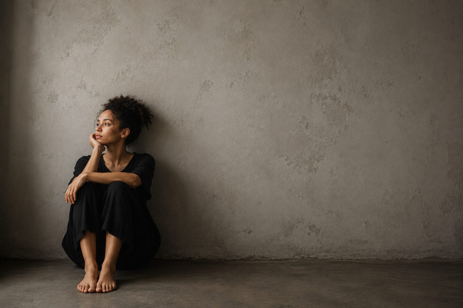 Woman sitting thoughtfully against a textured wall
